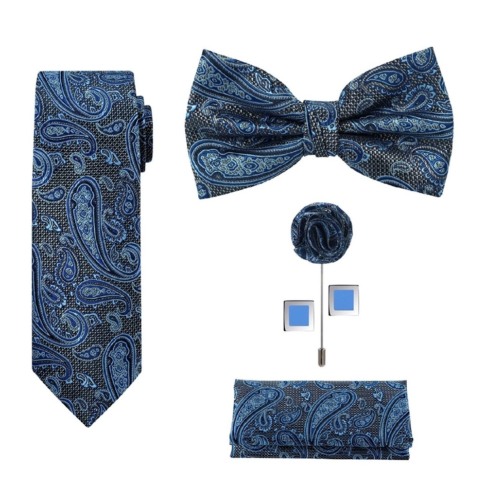 Mens 5pc Paisley Neck Tie Bow Lapel Cuff Links Set